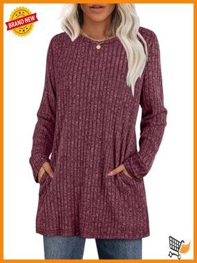 Long Sleeve Tunic Sweater with Pockets Crewneck Loose Fit Dressy Top